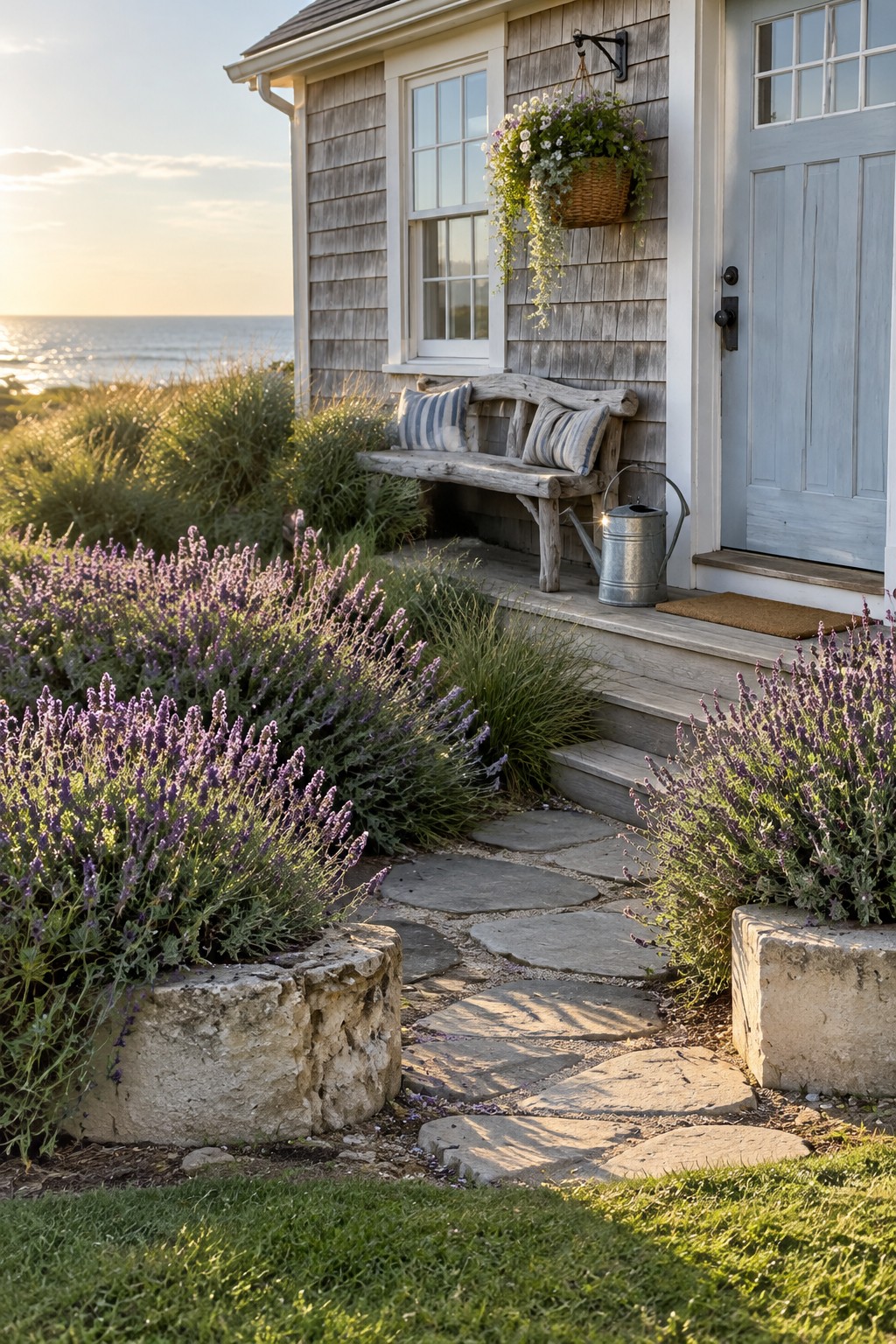 Irregular stone pavers lead through lavender beds to the steps of a gray-shingled coastal cottage.