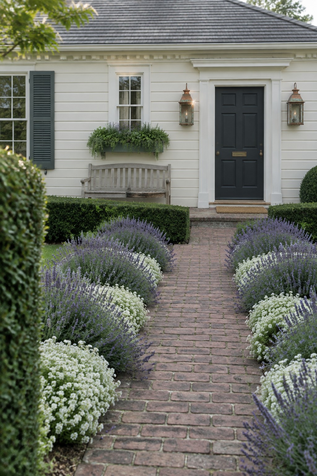 A brick walkway leads to a dark front door, bordered by lavender and white flowers.