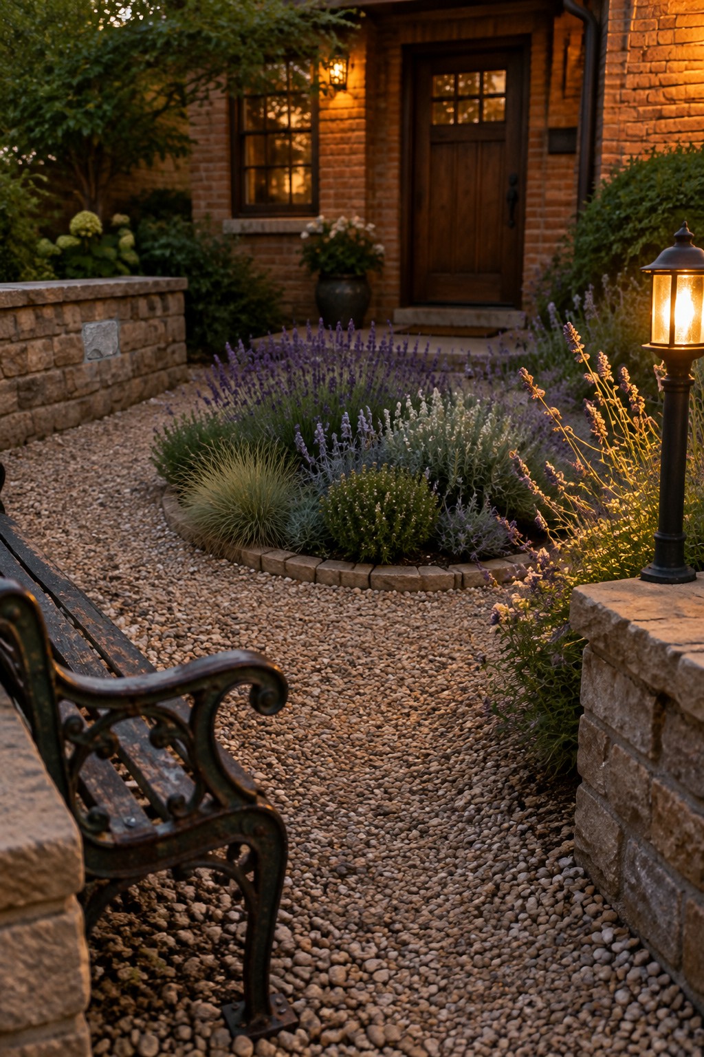 A curved bed of lavender and ornamental grasses beside a gravel path leading to a brick house.