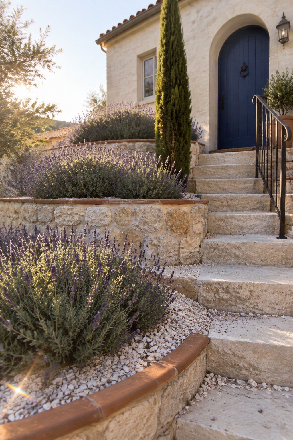 Curved stone garden beds filled with lavender border a flight of stone steps leading to a blue arched front door.