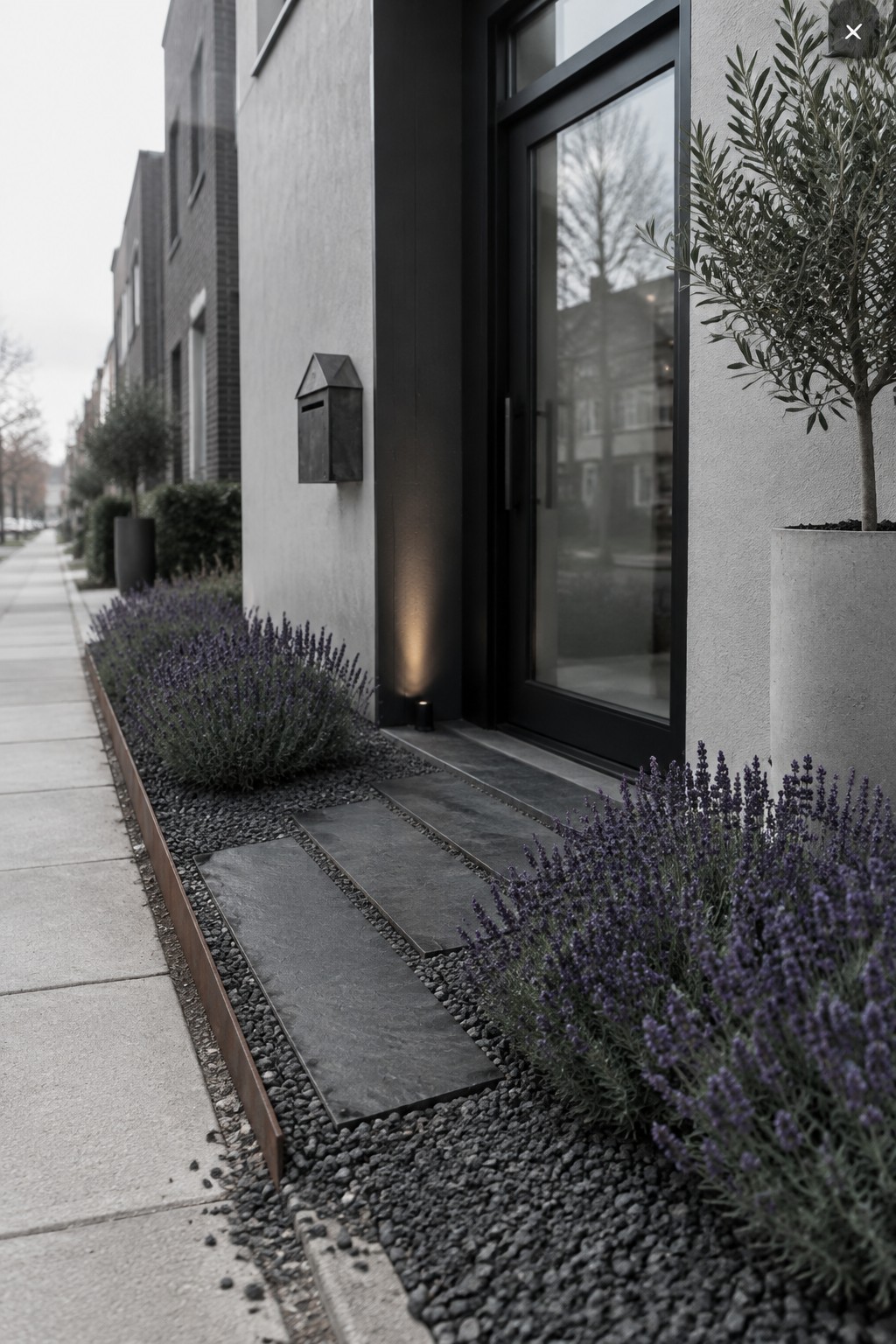Purple lavender grows in a narrow gravel bed beside a modern home’s front entrance, with large stepping stones leading to a dark glass door.