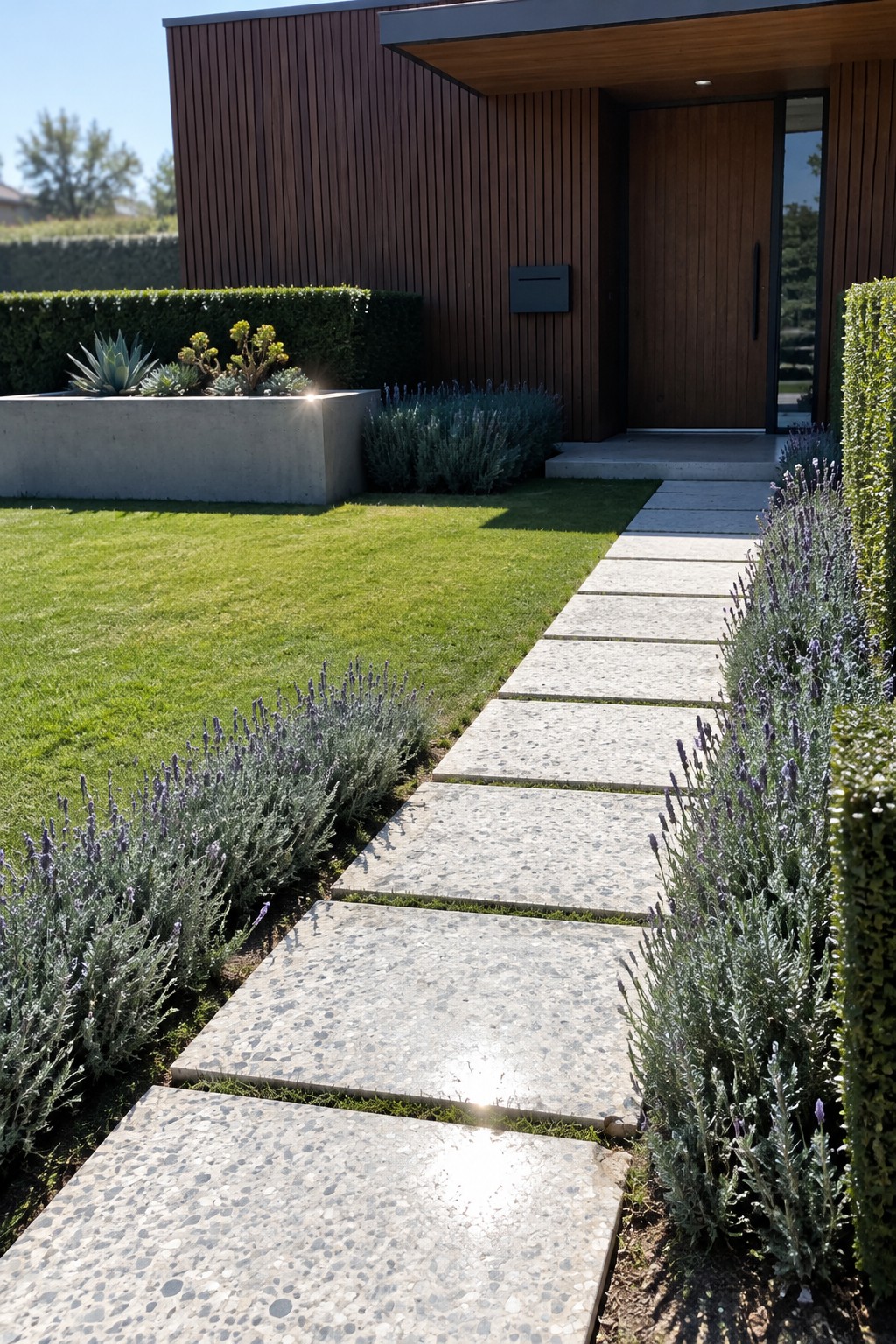 Large rectangular stone pavers form a path to a modern wood-clad front door, with lavender planted along both sides.
