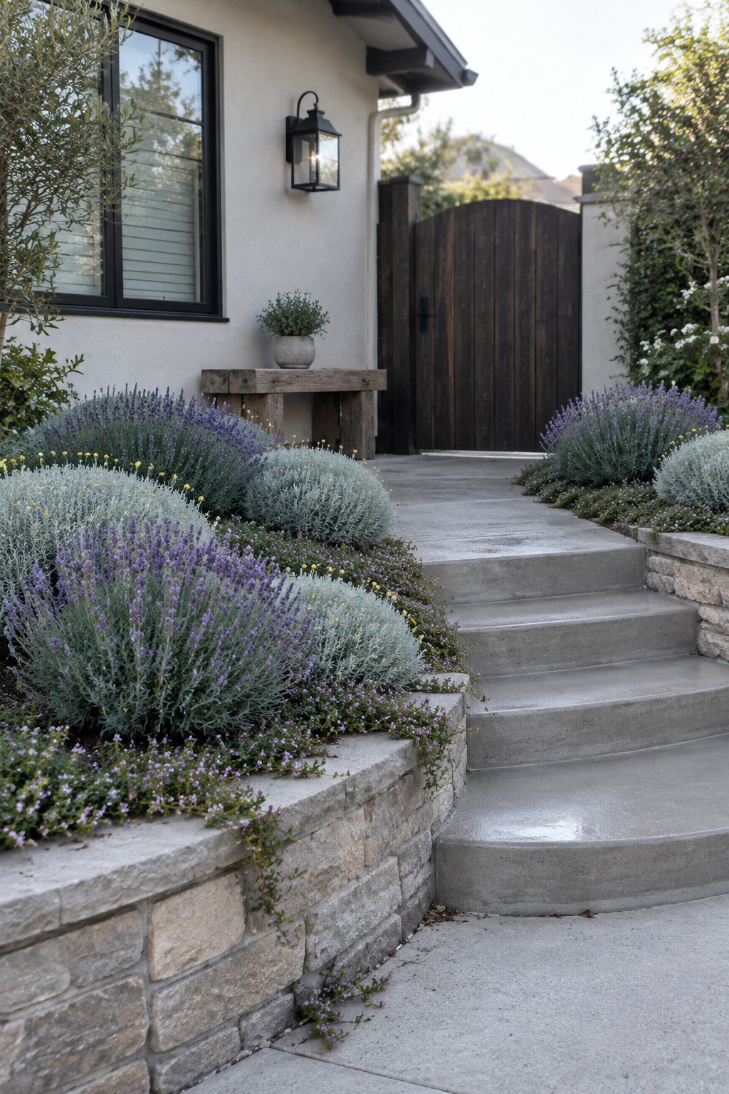 Lavender and pale flowering plants border concrete entry steps leading to a dark wooden gate.