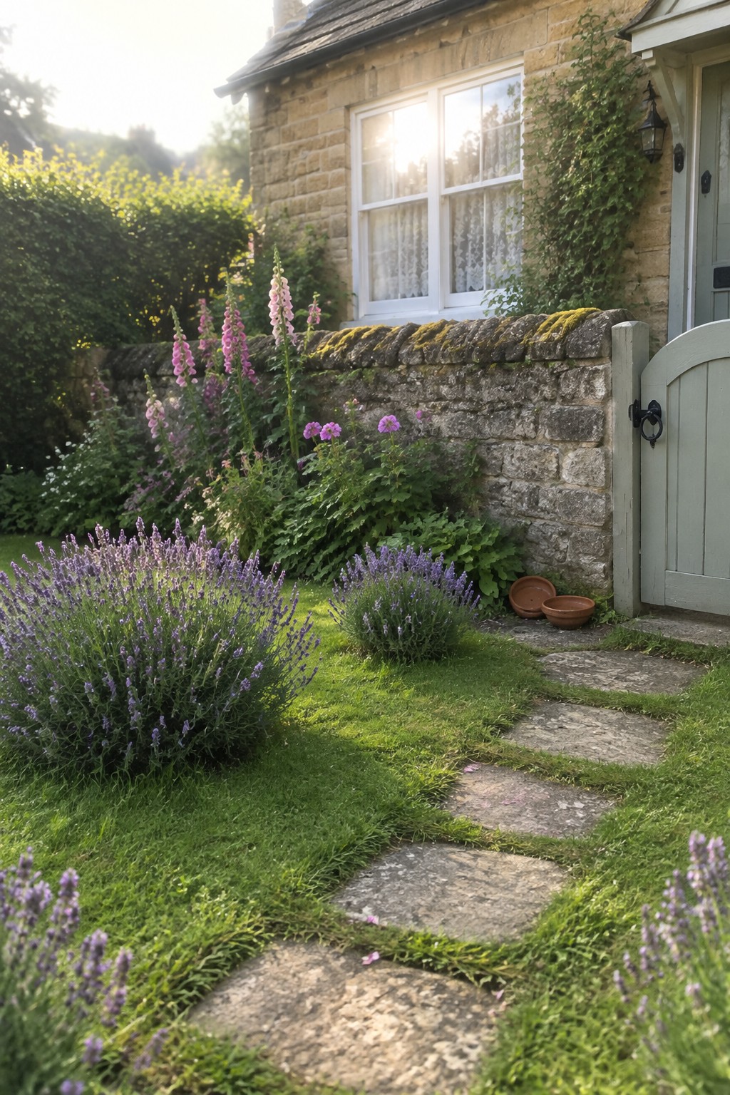 A stepping-stone path winds through a small lawn past lavender plants and a stone garden wall.