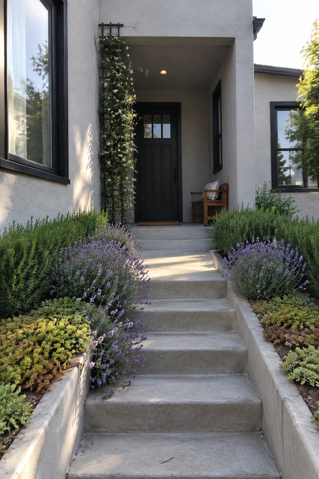 Concrete steps lead to a black front door, with purple flowering plants and green shrubs growing in raised beds on both sides.