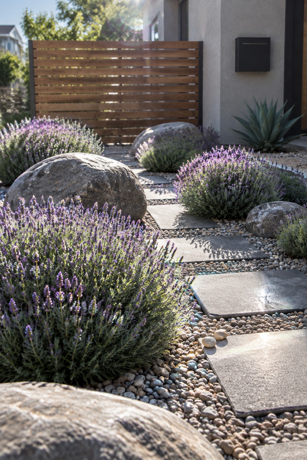 A gravel front garden with lavender bushes, large stone boulders, and concrete stepping stones leading to a wooden gate.