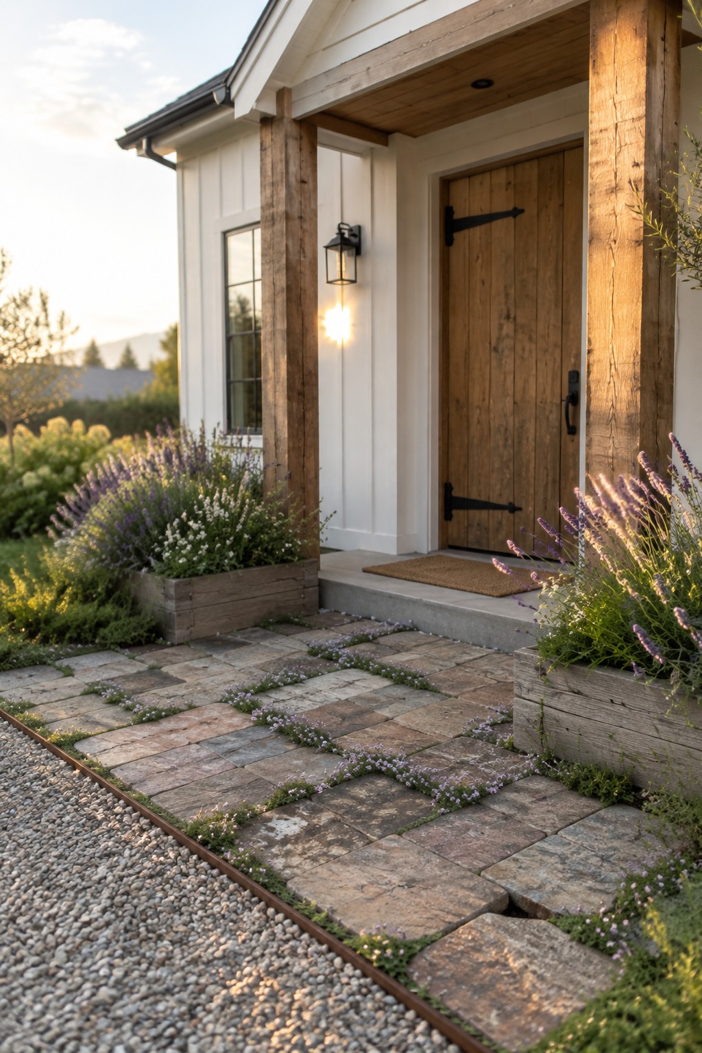 Stone pavers form a path through a small front garden to a wooden front door, with lavender planted in raised beds.