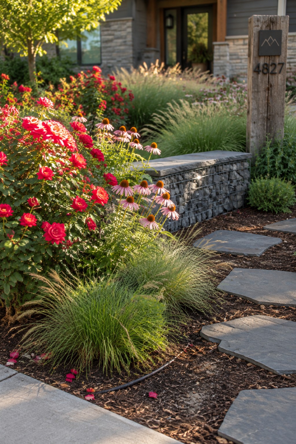 Red roses and pink coneflowers grow among ornamental grasses beside a stone walkway and gabion wall near a front entrance.