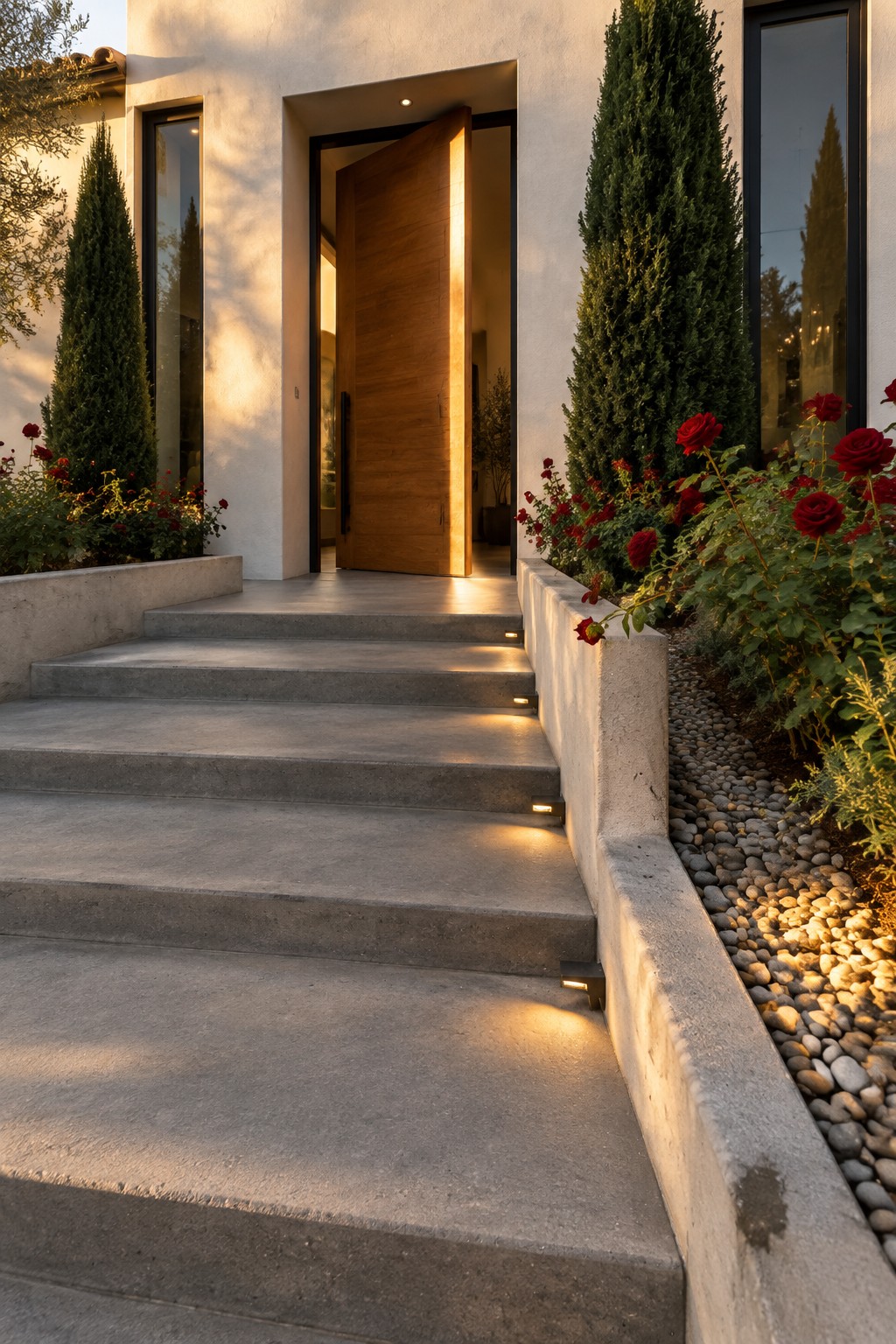 Concrete front steps with small built-in lights beside beds of red roses leading to an open wooden front door.