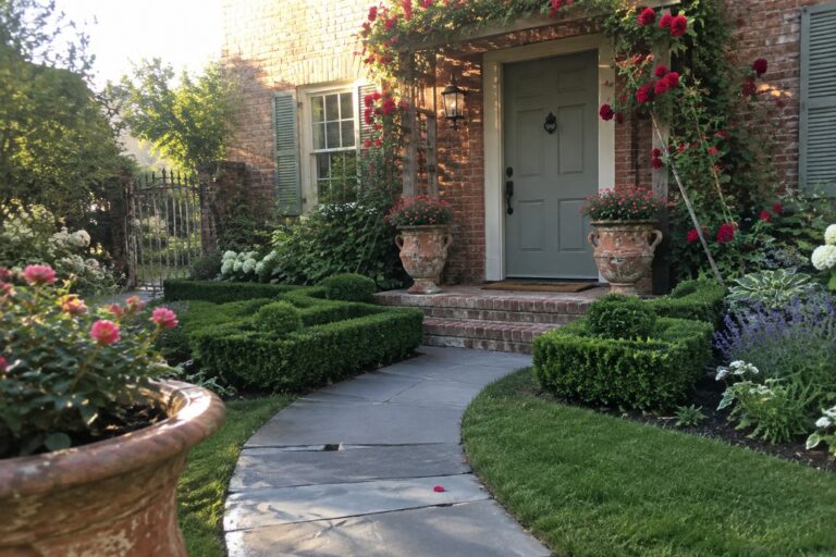 A stone path leads through clipped hedges and red rose plantings to a green front door in a brick wall.