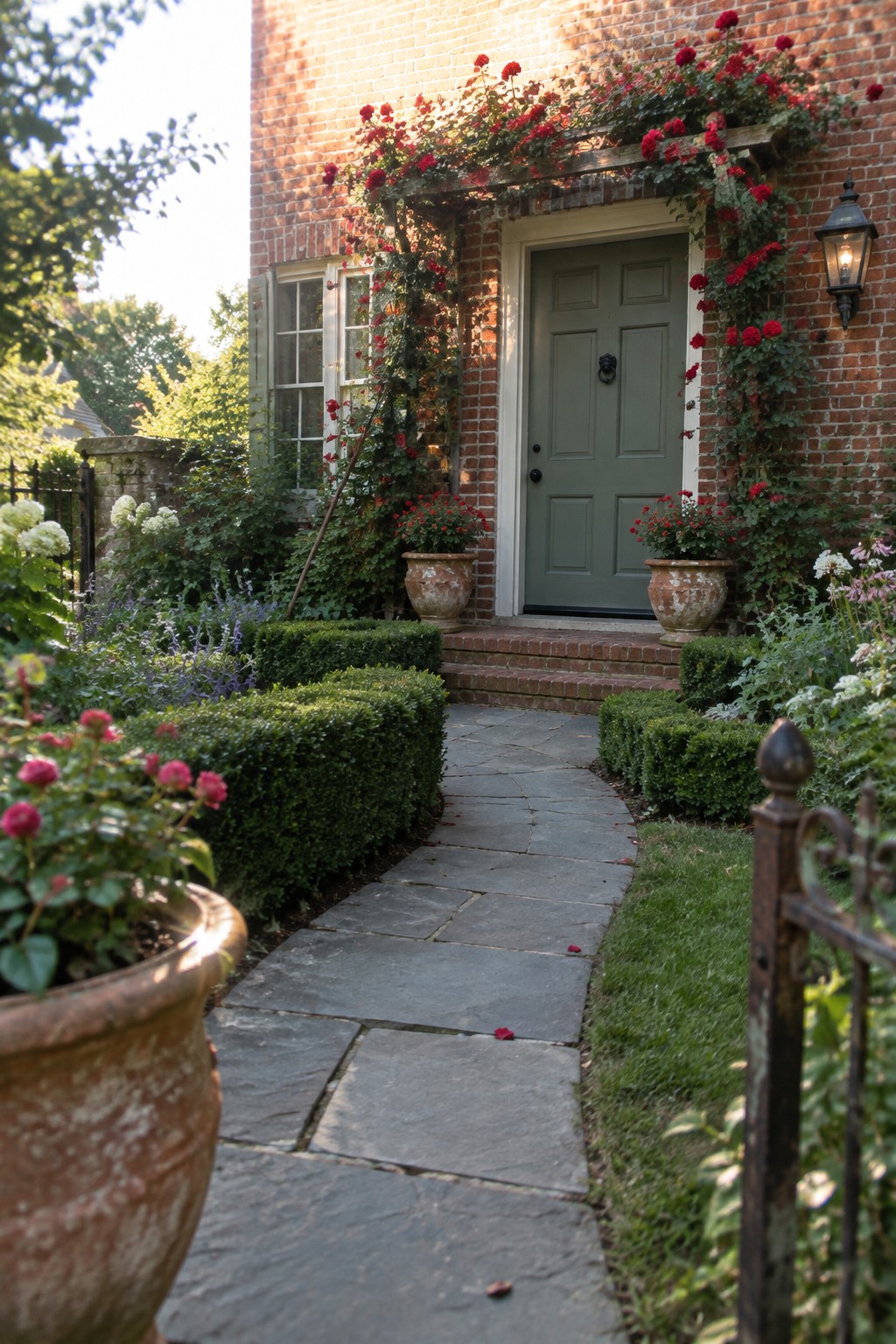 A stone path leads through clipped hedges and red rose plantings to a green front door in a brick wall.
