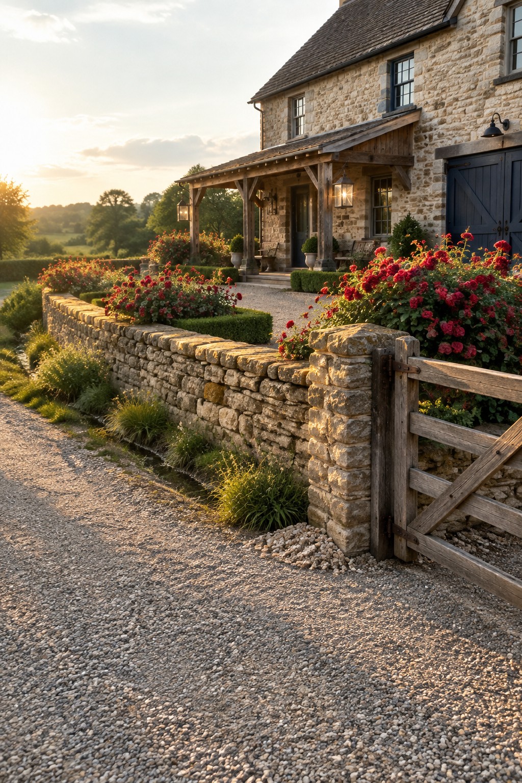 Red roses grow behind a low stone wall beside a gravel drive leading to a stone house.