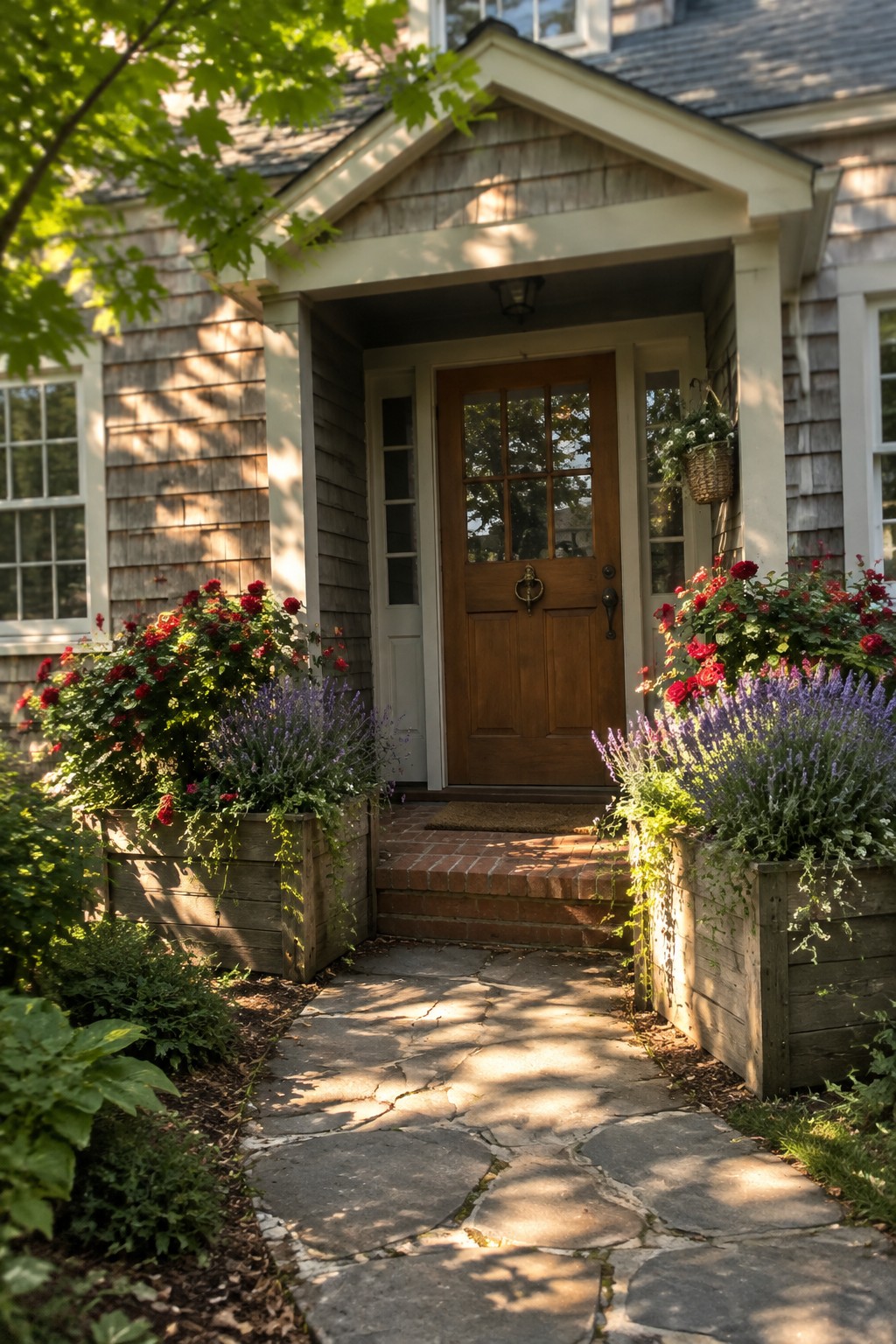 Red roses and purple flowers grow in wooden raised beds beside brick steps leading to a wooden front door.