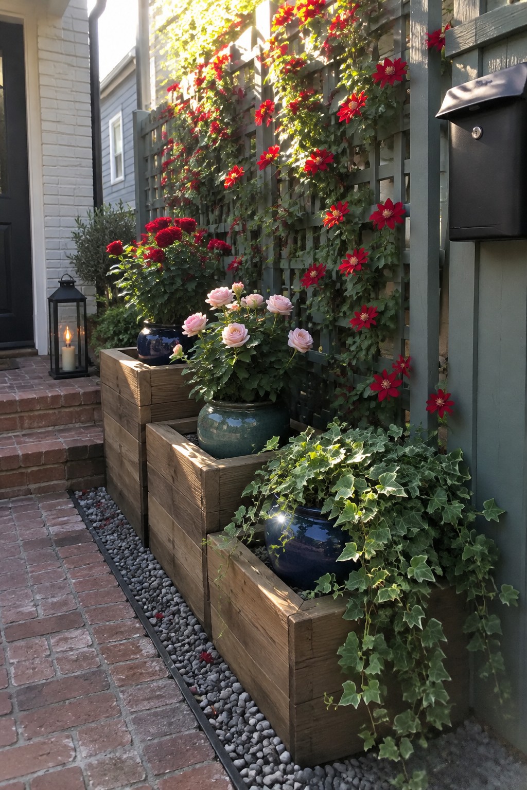Red flowering vines climb a dark trellis above wooden planter boxes beside a brick walkway.