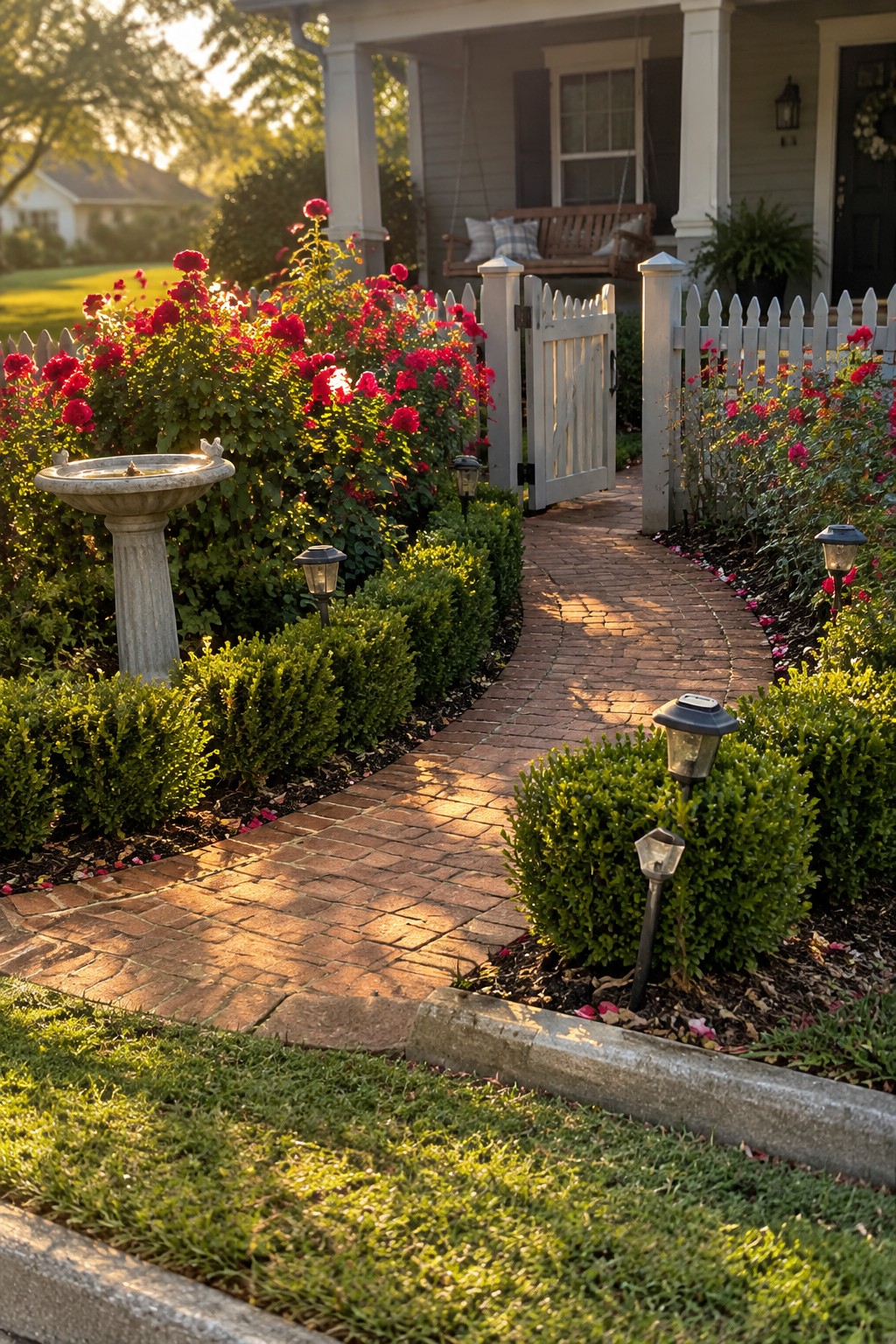 A curved brick path passes through beds of red roses and clipped shrubs toward a white picket gate.