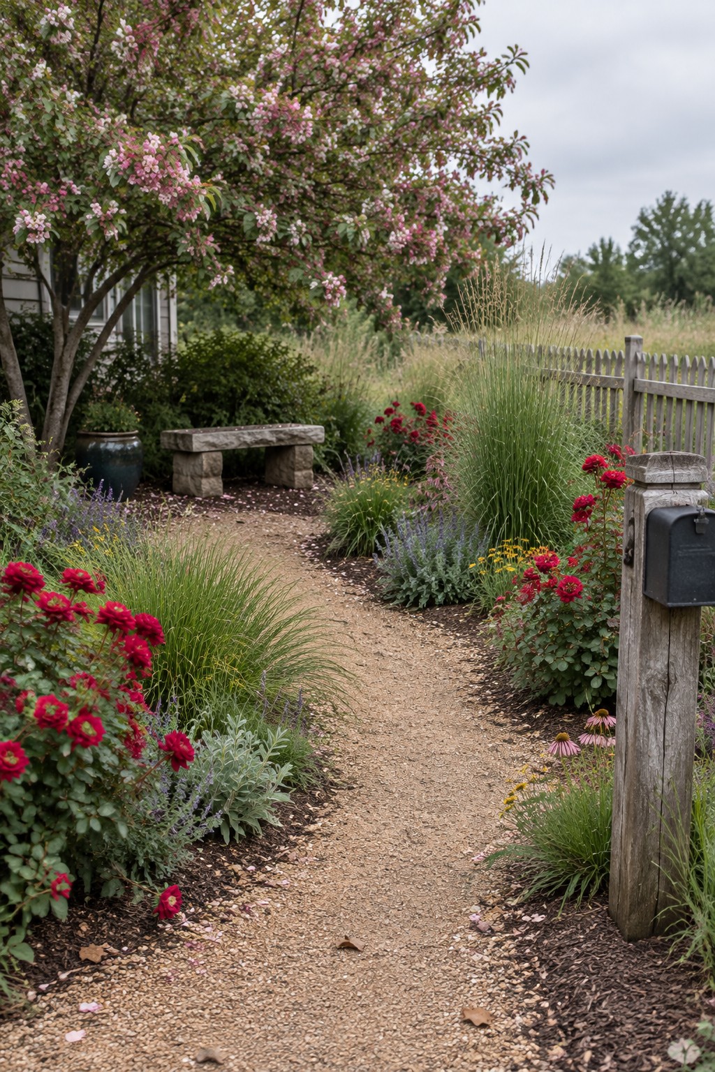 A gravel path curves through a garden bordered by red roses, ornamental grasses, and other flowers, with a stone bench beneath a pink-flowering tree.