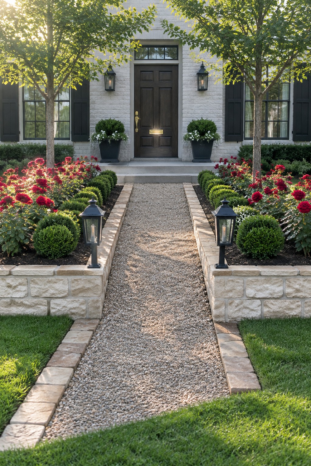 A gravel path edged with stone leads through red rose beds to a dark front door.