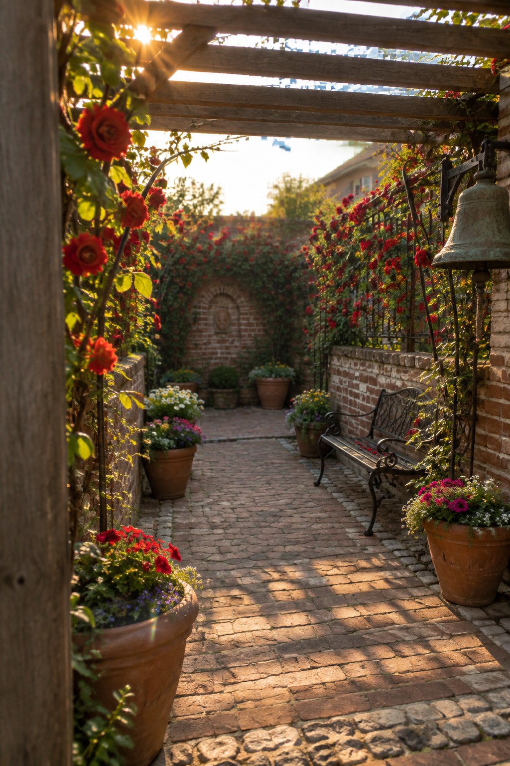 A brick garden path runs beneath a wooden pergola lined with red roses, with flower pots, a bench, and a hanging bell.