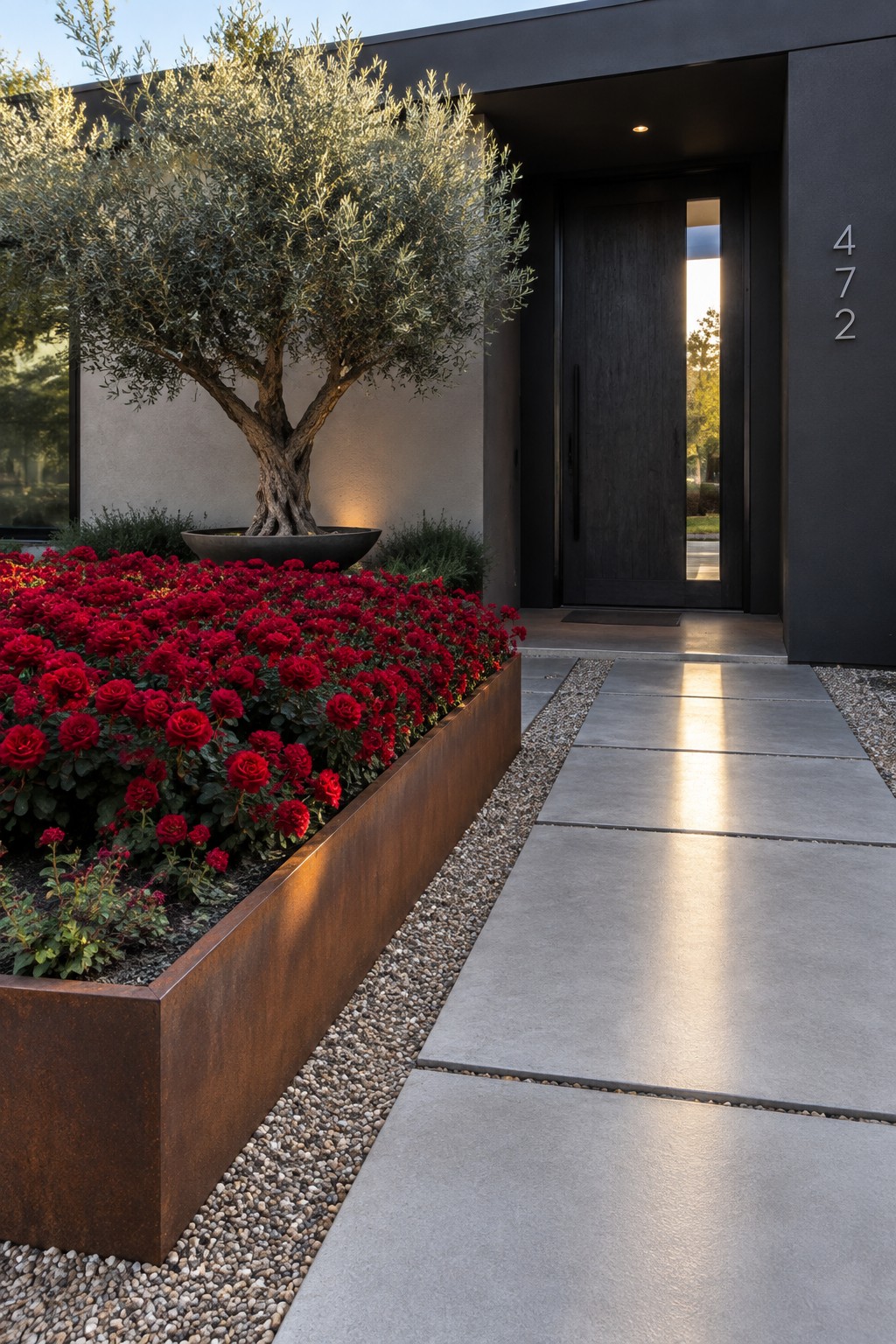 Red roses fill a long raised rust-colored metal bed beside a concrete walkway leading to a dark front door.