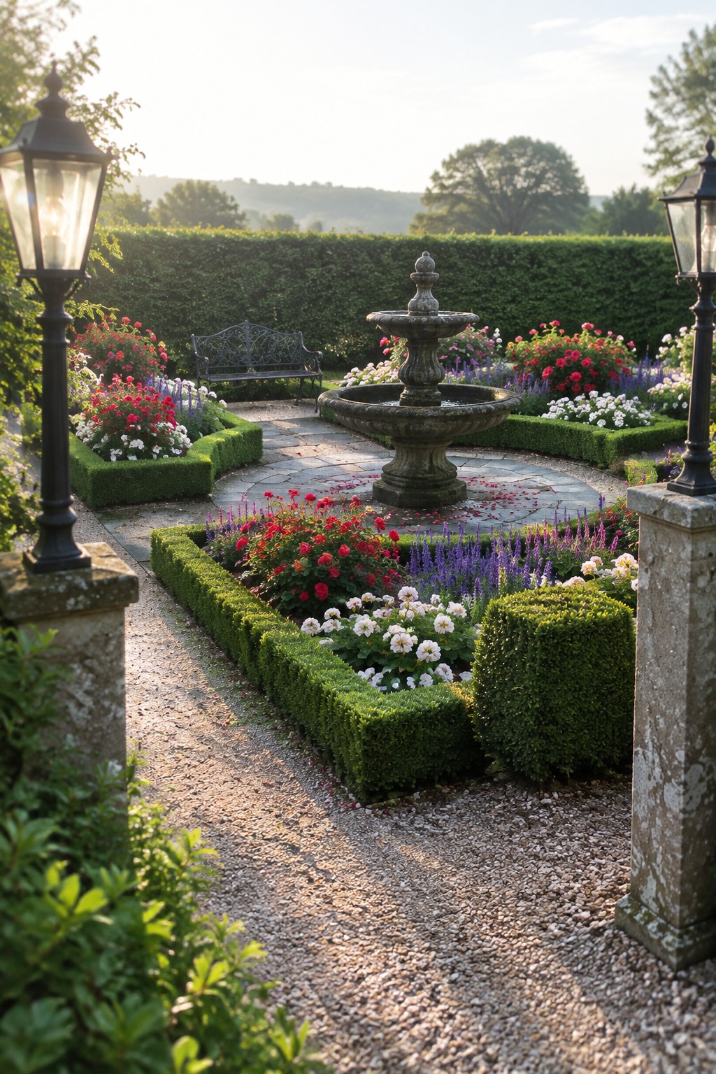 A formal garden with red roses and other flowers growing inside low boxwood borders around a central stone fountain.