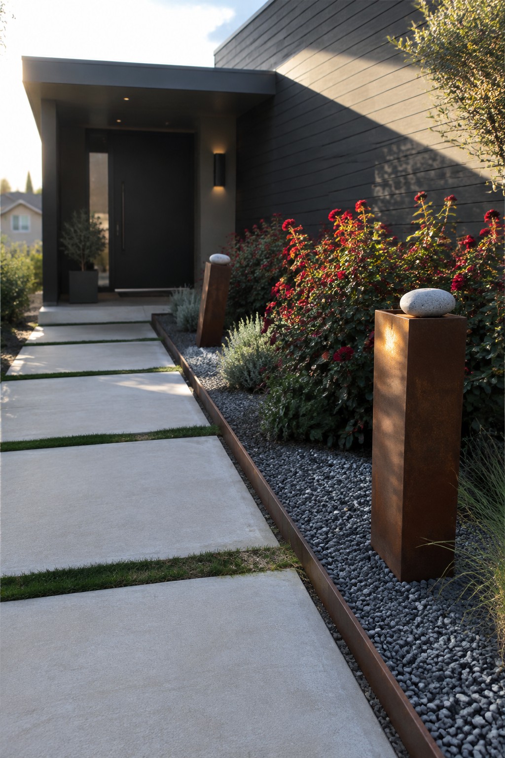 Red roses grow beside a concrete front walkway leading to a modern dark-sided house.