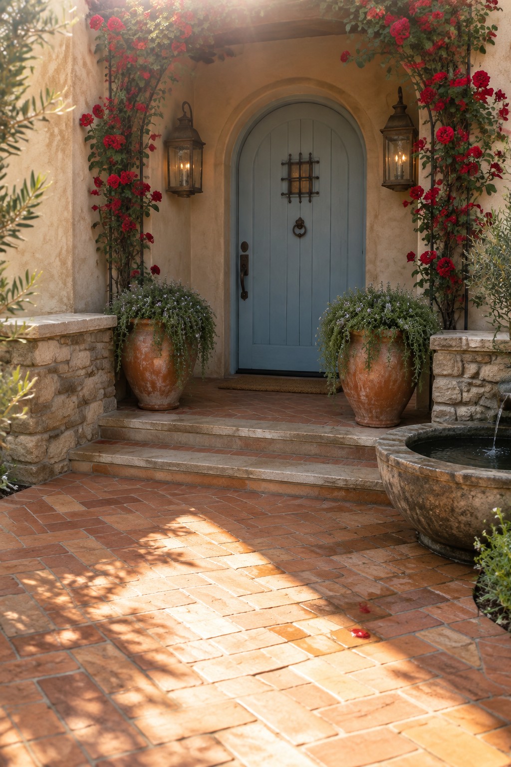 Red climbing roses grow around a stucco entry with a blue arched door, lanterns, terracotta pots, and tiled steps.