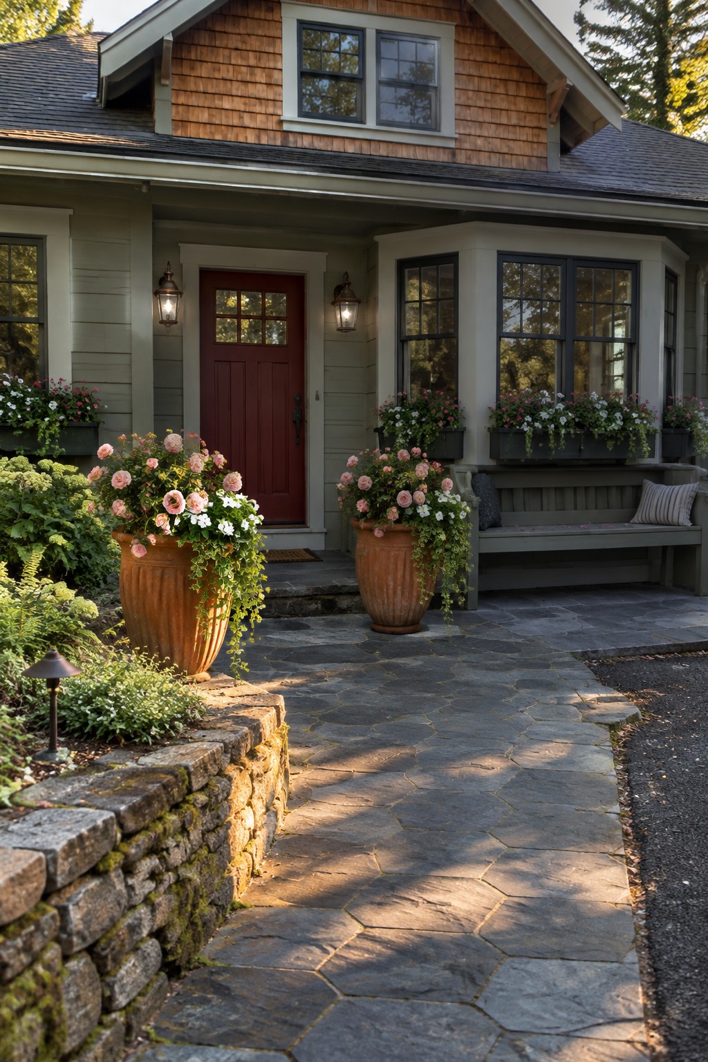 Two large terracotta pots filled with pink flowers sit beside the entrance of a house.