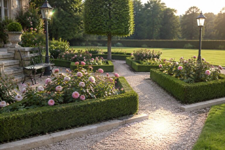 19 Roses and Boxwood Landscaping Ideas for Elegant Structure Low boxwood hedges outline rose beds beside a gravel garden path, with a bench and two lanterns.