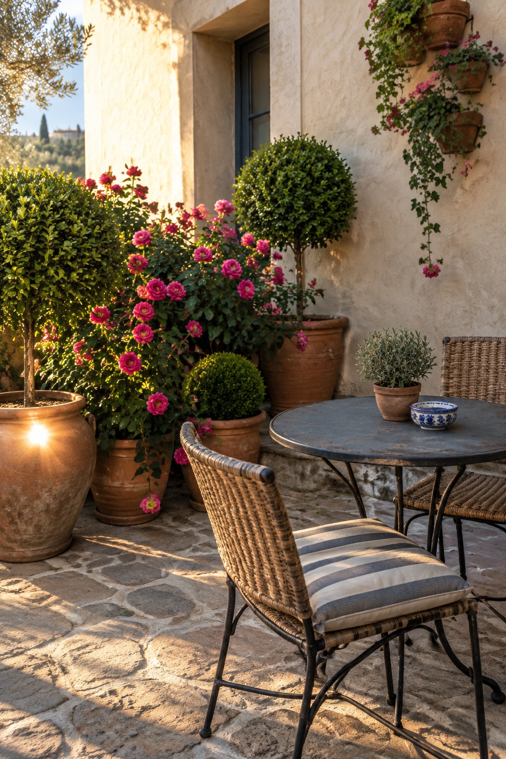Pink roses and clipped round boxwood shrubs in terracotta pots surround a stone patio with a metal table and wicker chairs.