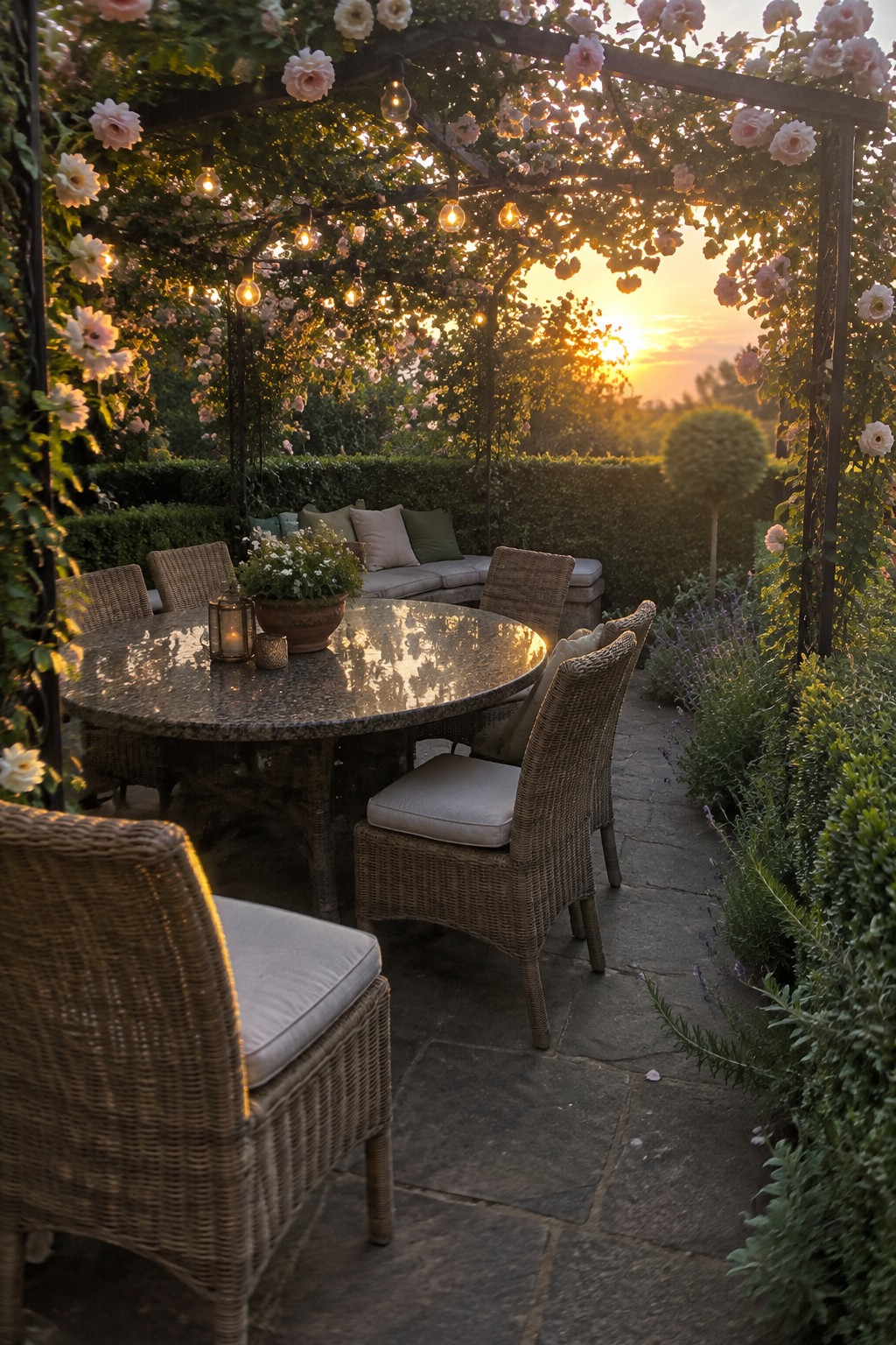 A stone patio dining area with wicker chairs beneath a rose-covered pergola, boxwood hedges, and string lights.