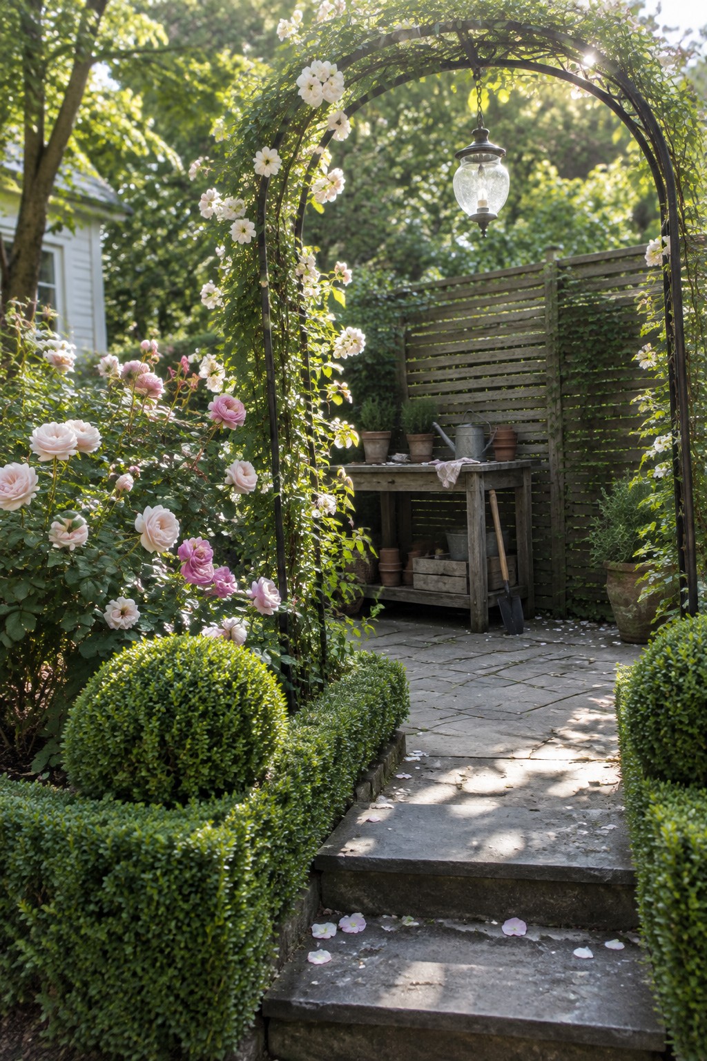 A stone garden path passes through an arched trellis beside pink and white roses and clipped boxwood hedges.