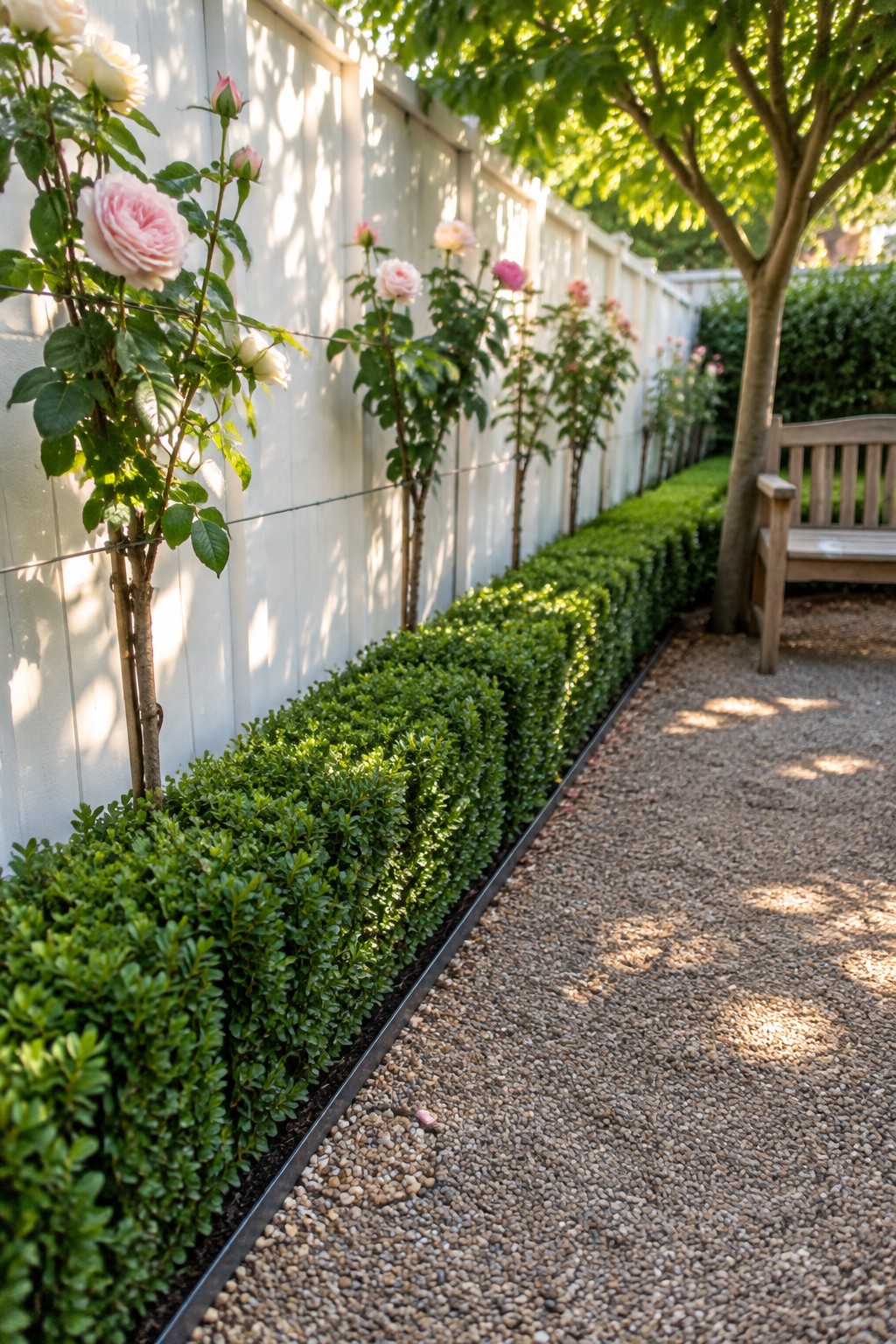 A gravel garden path runs beside clipped boxwood and rose bushes along a white fence.