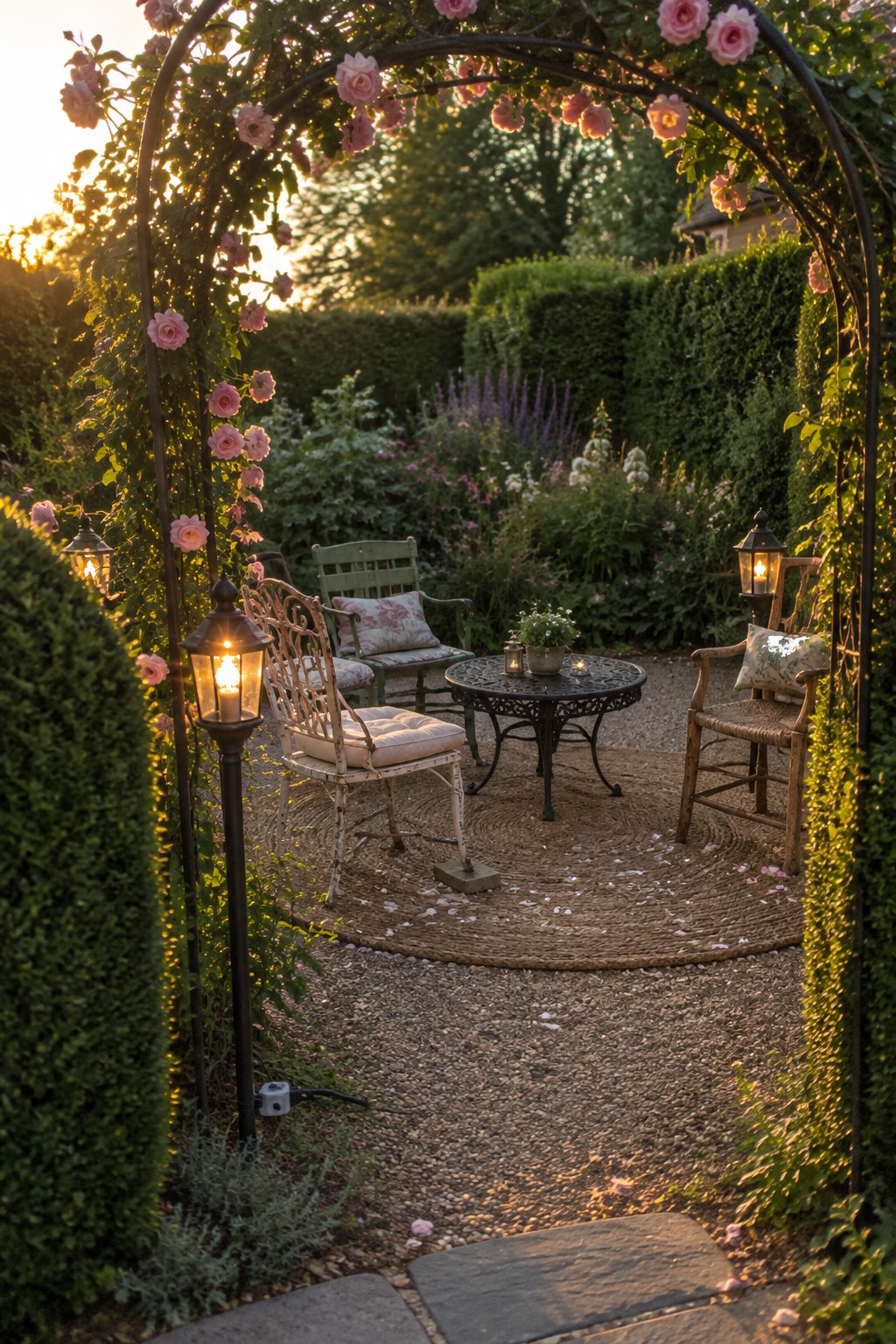 A rose-covered metal arch stands over a gravel garden seating area with chairs, a round table, and lanterns.