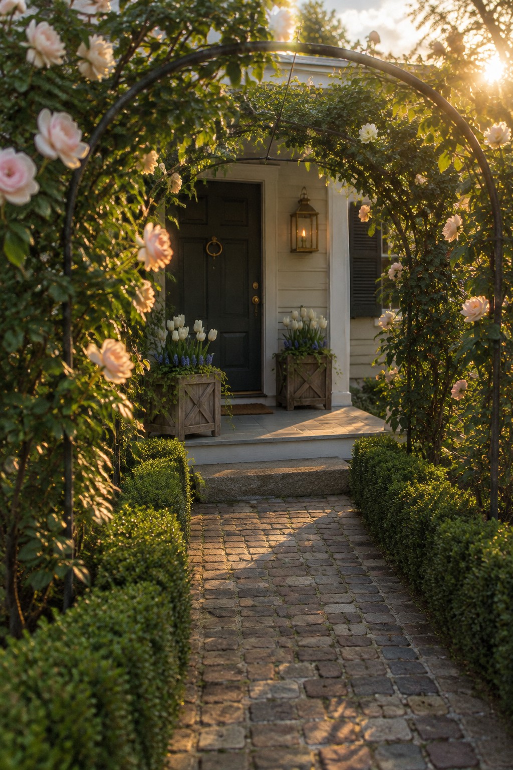 A cobblestone path bordered by boxwood leads through a rose-covered metal arch to a house entrance.