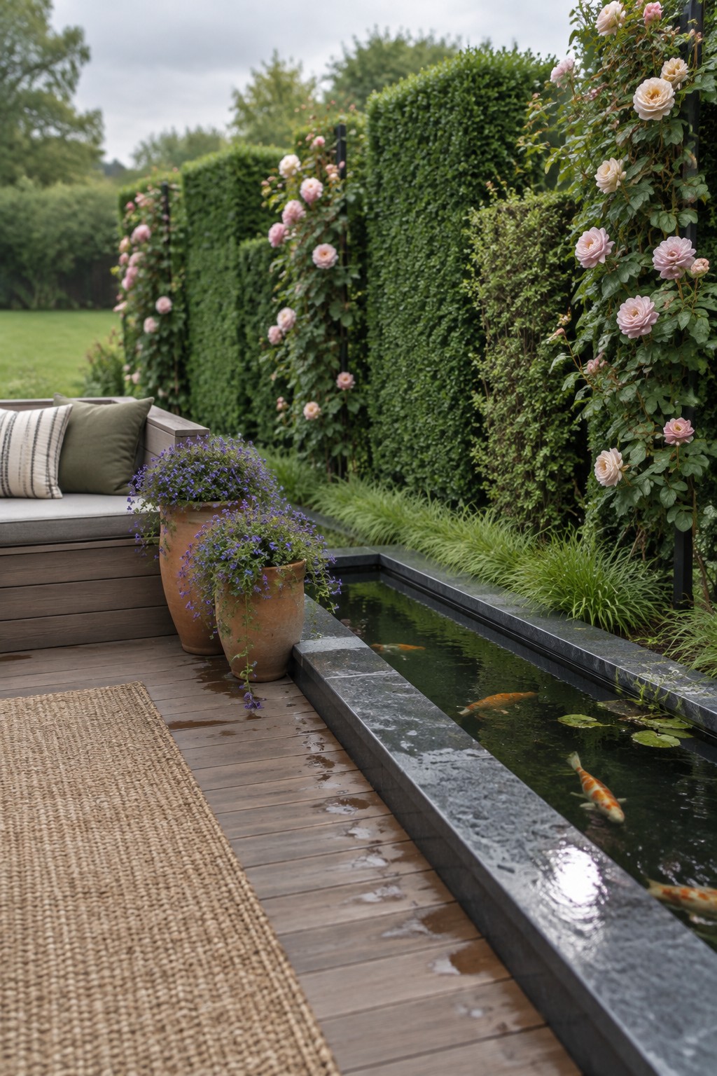 A wet wooden deck beside a narrow koi pond, with pale pink climbing roses growing along tall green hedges and potted purple flowers near a cushioned bench.