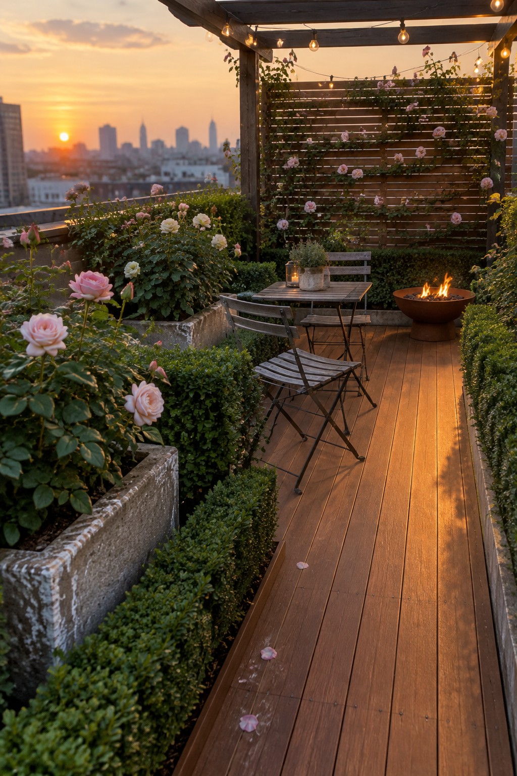 A rooftop garden with climbing roses on a wooden trellis, boxwood borders, a deck, outdoor dining furniture, string lights, and a fire bowl.