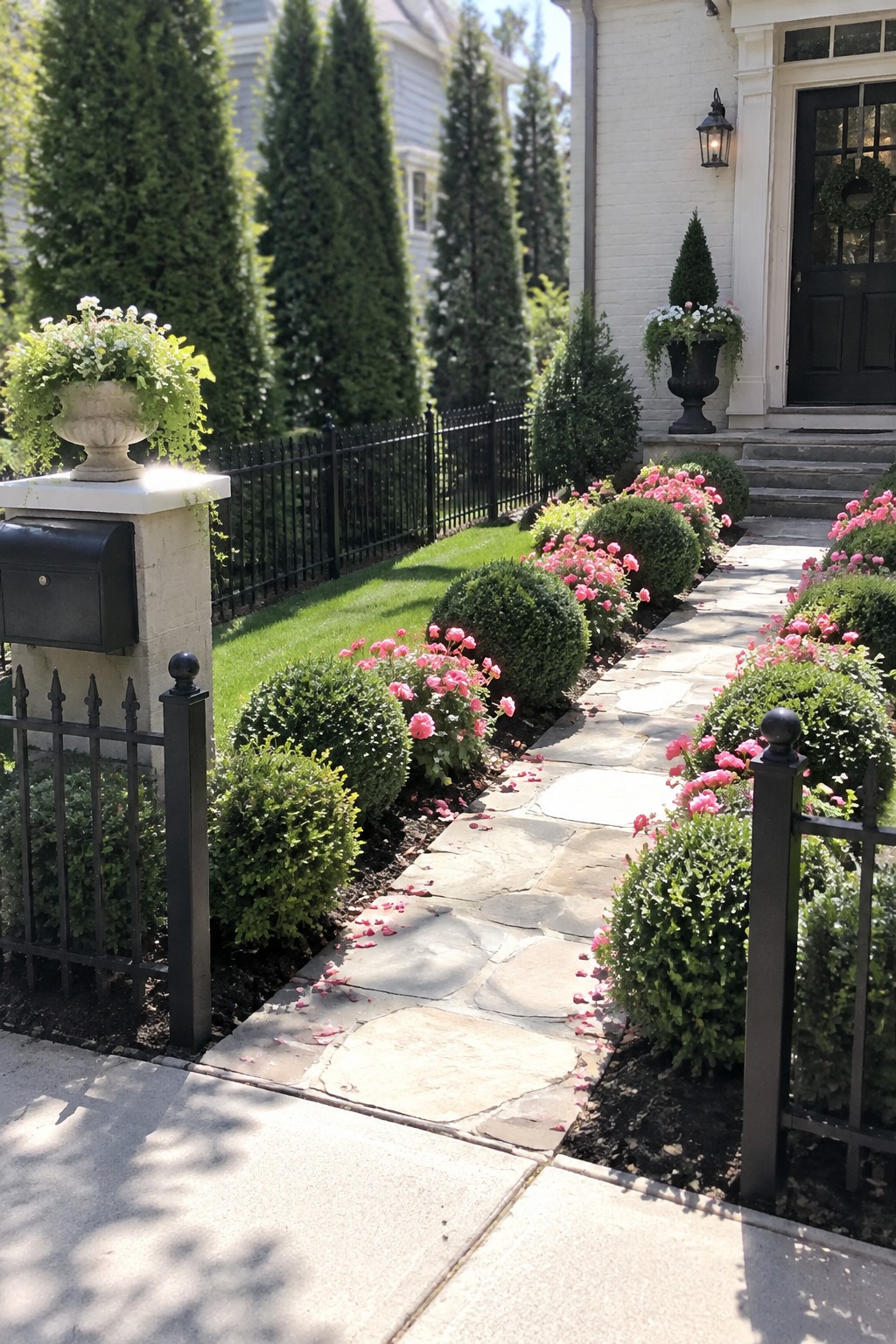 A stone walkway bordered by pink roses and rounded boxwood shrubs leads to a white house entrance.