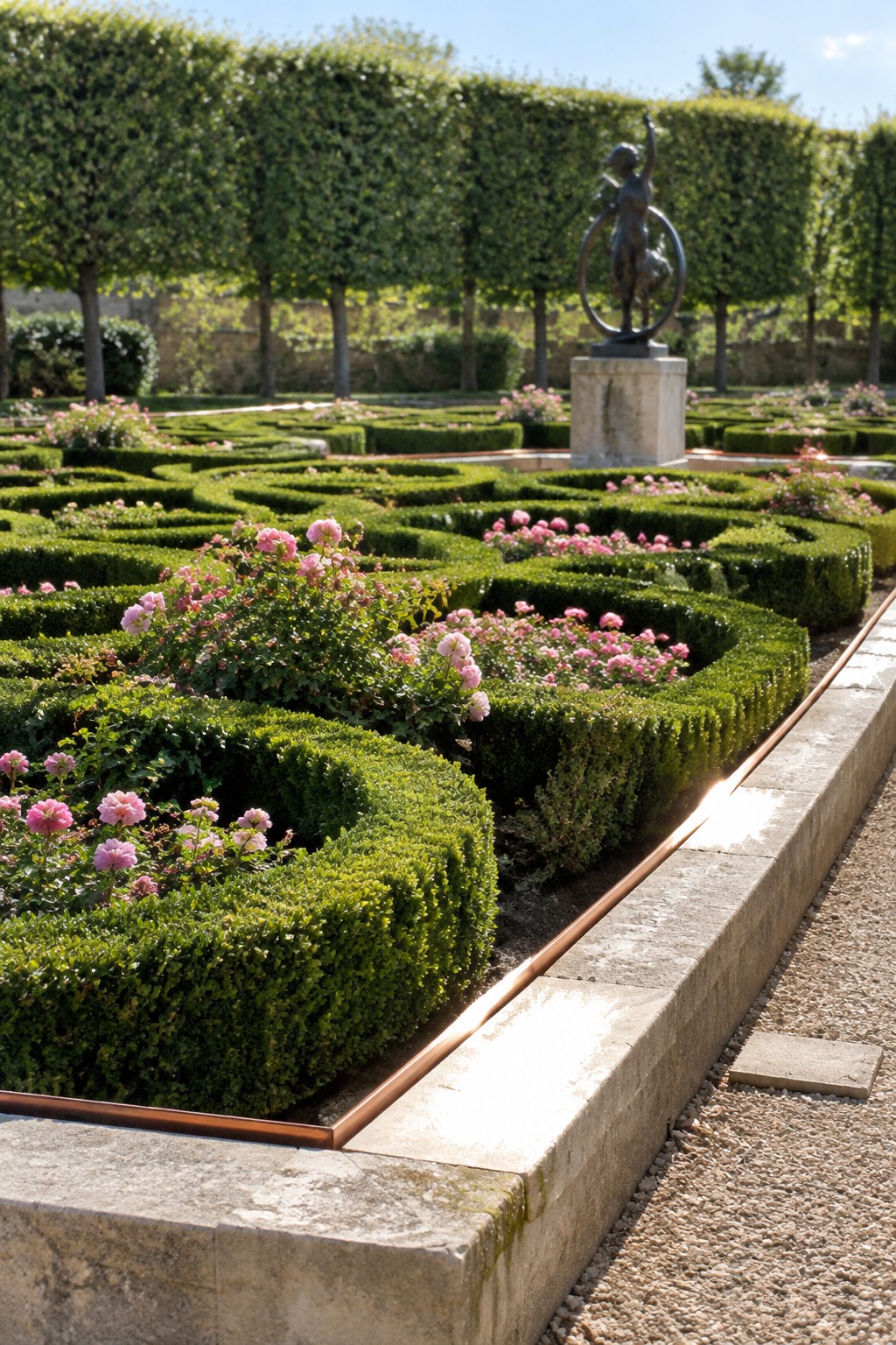 Low clipped boxwood hedges form geometric garden beds planted with pink roses, with a bronze statue on a stone pedestal nearby.