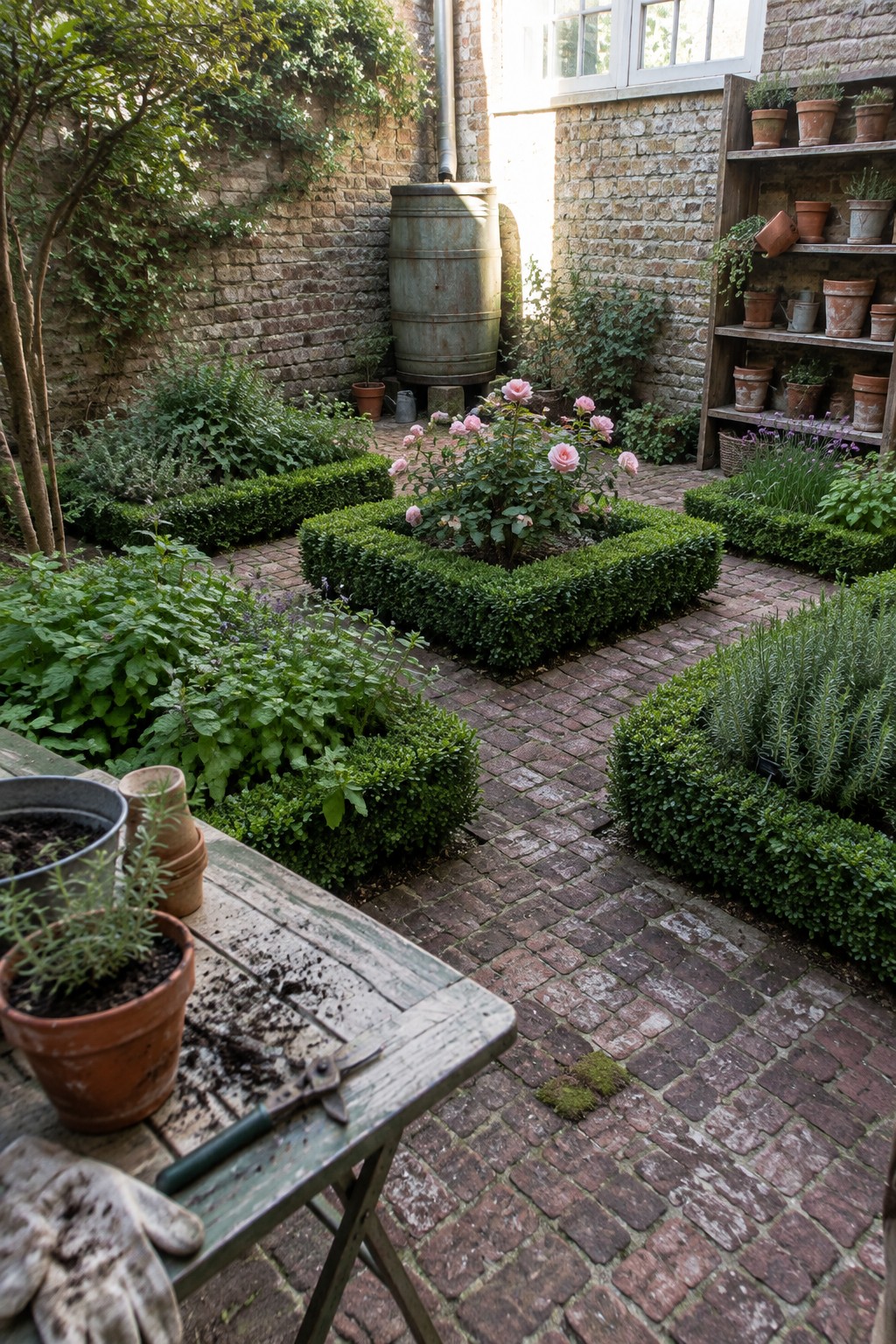 A small courtyard garden with pink roses in a square boxwood-edged bed, brick paths, and terracotta pots on shelves.