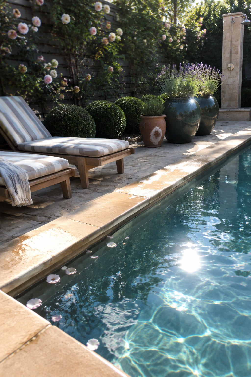 A stone pool patio with striped chaise lounges, clipped boxwood shrubs, flowering roses on a trellis, and large pots of lavender.
