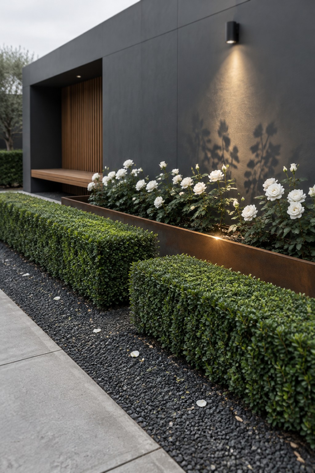 White roses grow in a raised metal planter behind clipped boxwood shrubs beside a dark modern house.
