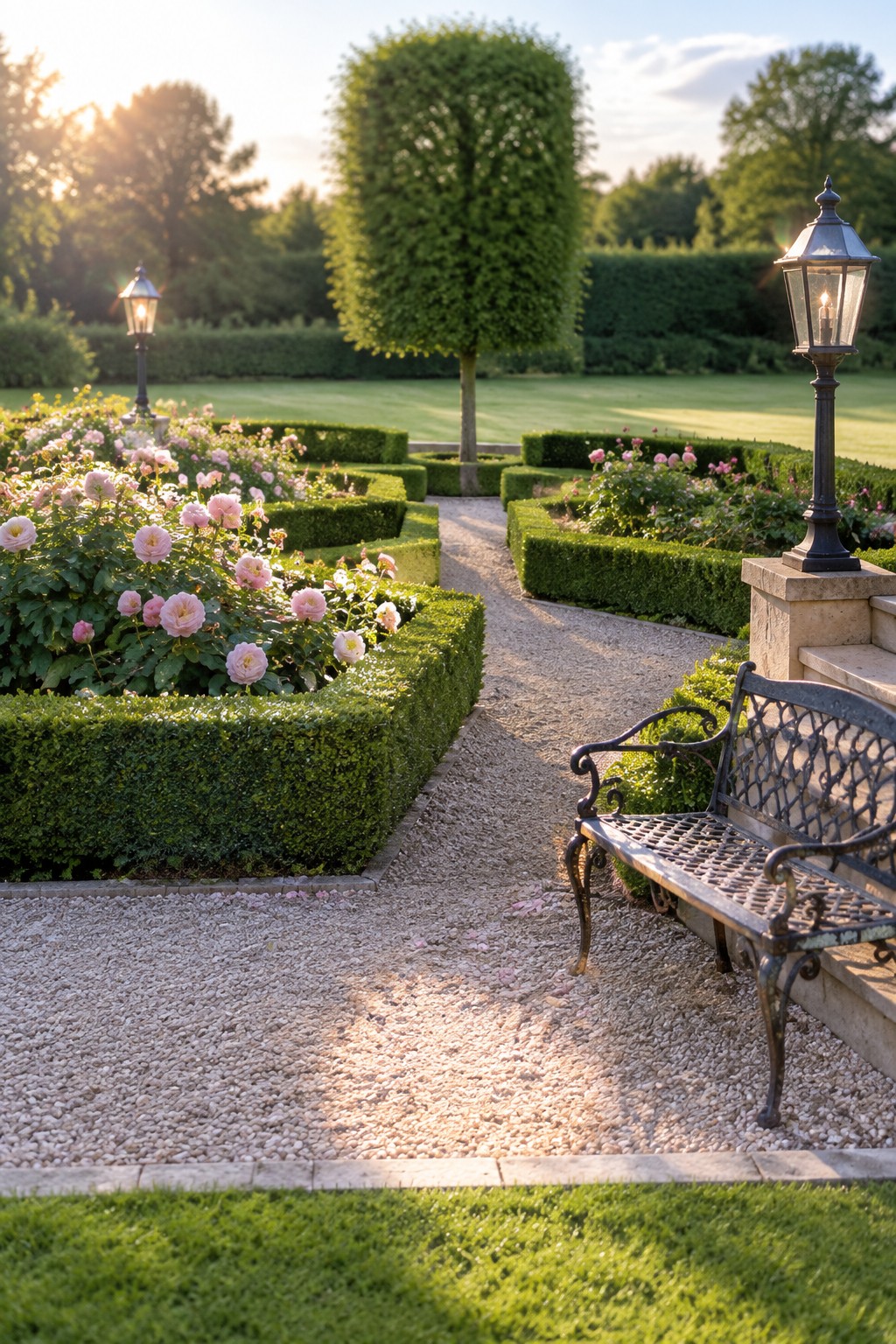 Low boxwood hedges outline rose beds beside a gravel garden path, with a bench and two lanterns.