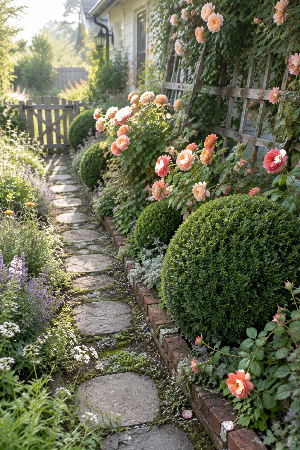 A stepping-stone path winds between rounded boxwood shrubs and flowering roses beside a wooden garden fence.