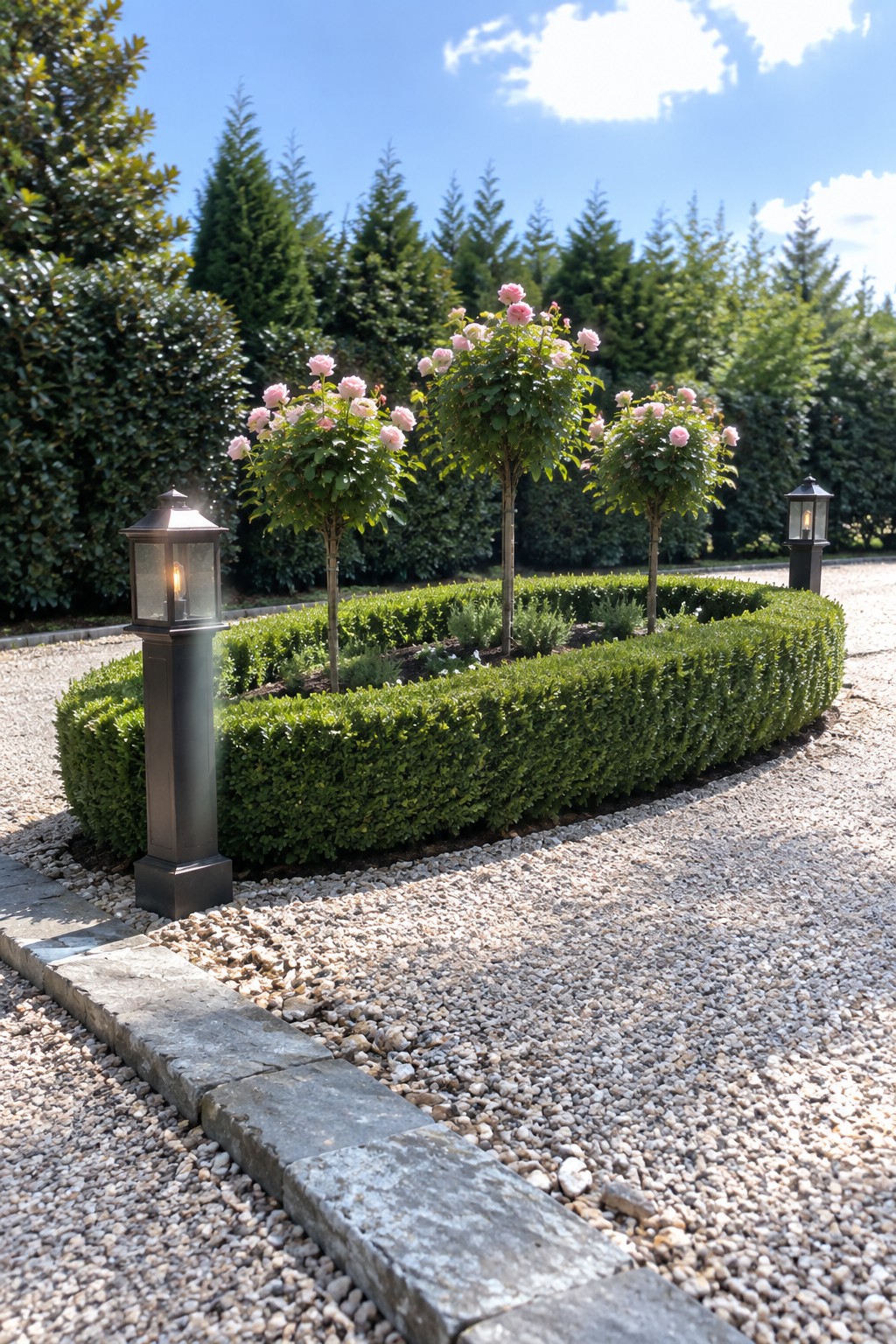 Three pink rose trees grow inside a clipped boxwood bed bordered by a pale gravel path, with two black lanterns nearby.
