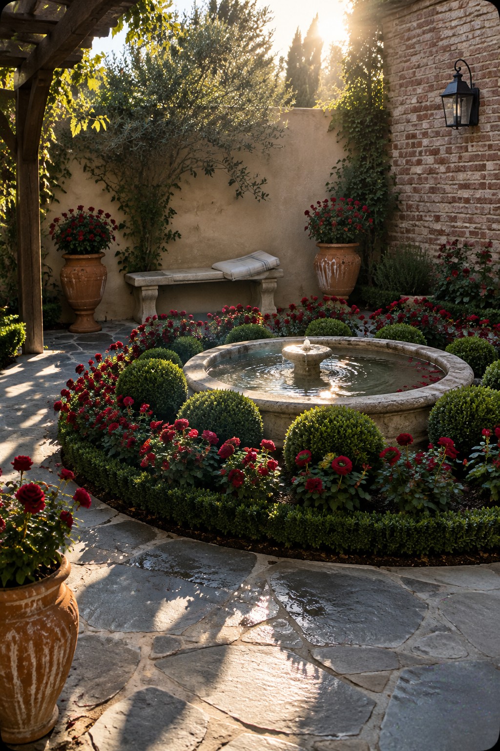 A circular stone fountain sits within a curved bed of red roses and clipped boxwood in a walled garden.