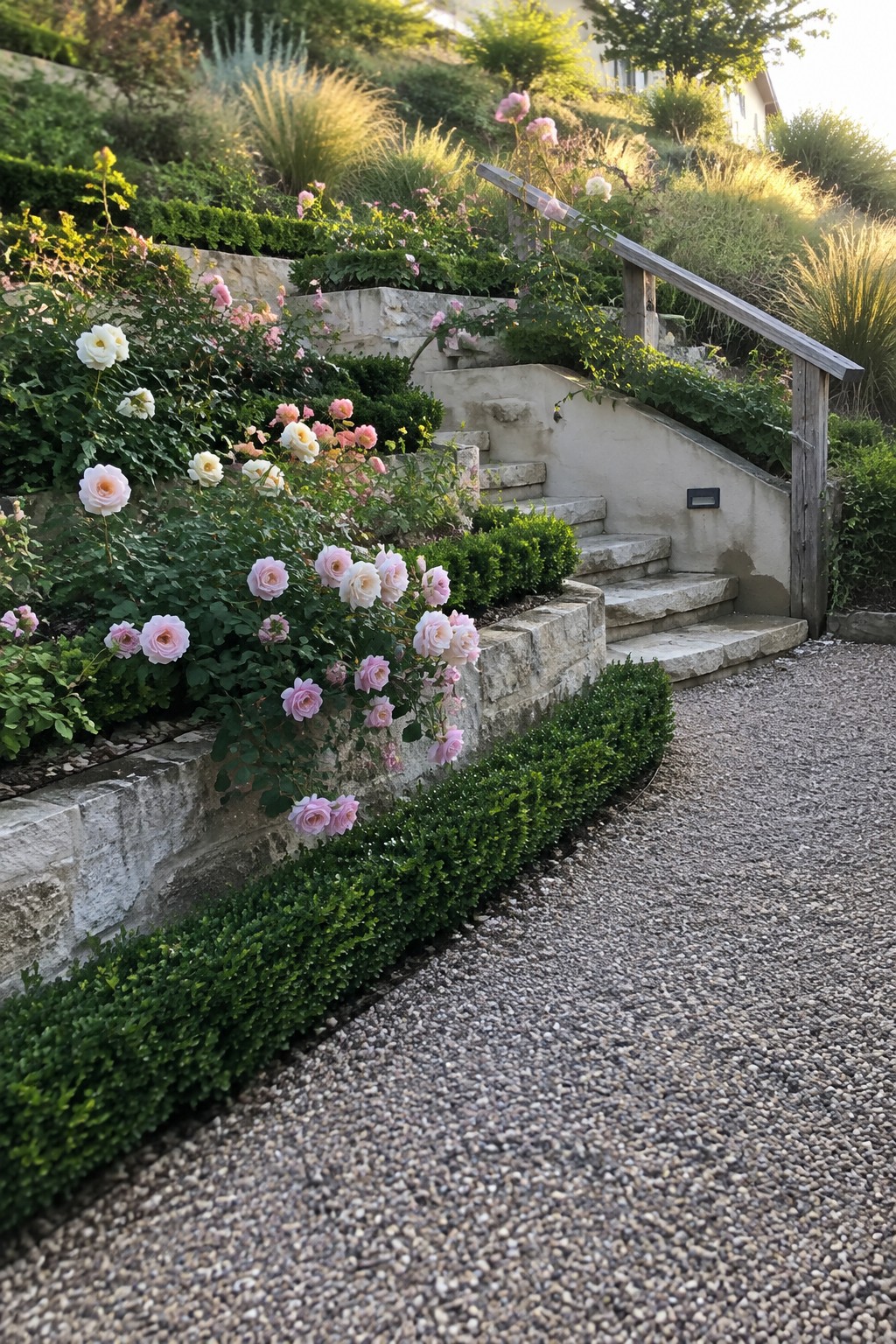 Stone steps pass between raised garden beds planted with pink and white roses and clipped boxwood, beside a gravel path.