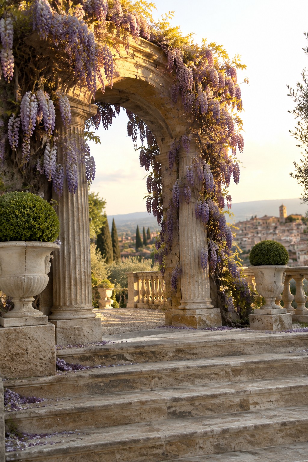 A stone garden arch covered in purple wisteria stands above stone steps, with clipped shrubs in urns nearby.