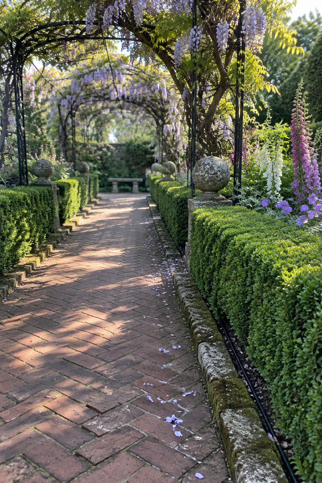 A brick garden path runs beneath a metal arch covered in purple wisteria, bordered by clipped hedges and flowering plants.