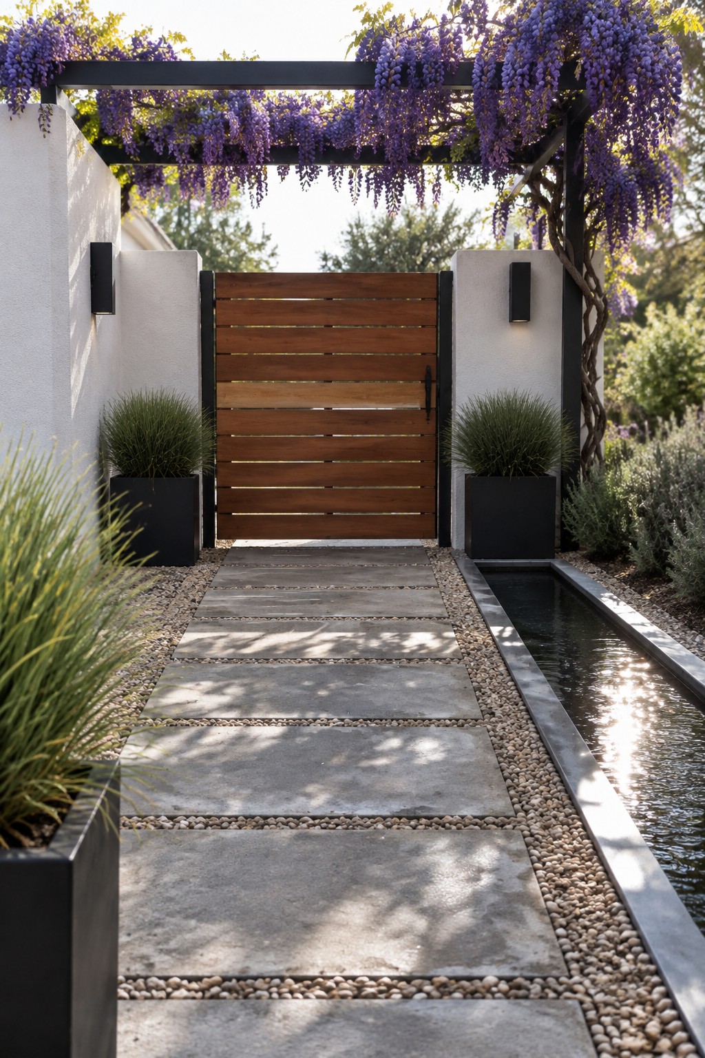 A wooden garden gate beneath a black pergola covered in purple wisteria, with stone pavers and a narrow water channel along the path.