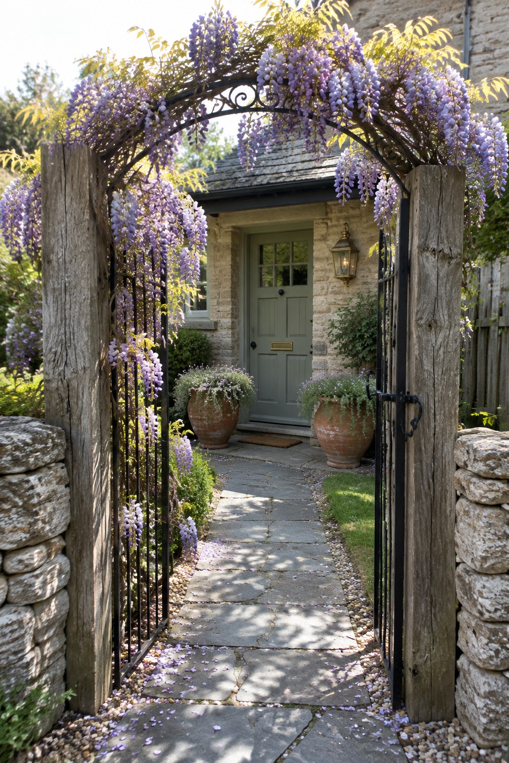 A stone path passes through an open iron gate beneath a wooden arch covered in purple wisteria.
